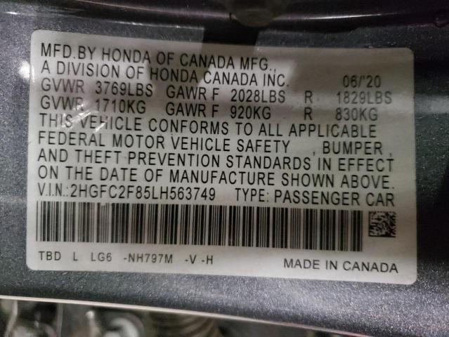 2HGFC2F85LH563749 - 2020 HONDA CIVIC SPORT 灰色 照片 12