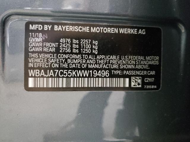 WBAJA7C55KWW19496 - 2019 BMW 530 XI SILVER photo 12