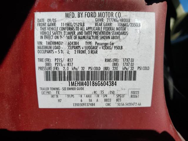 1MEHM40186G604384 - 2006 MERCURY MONTEGO LUXURY MAROON photo 12