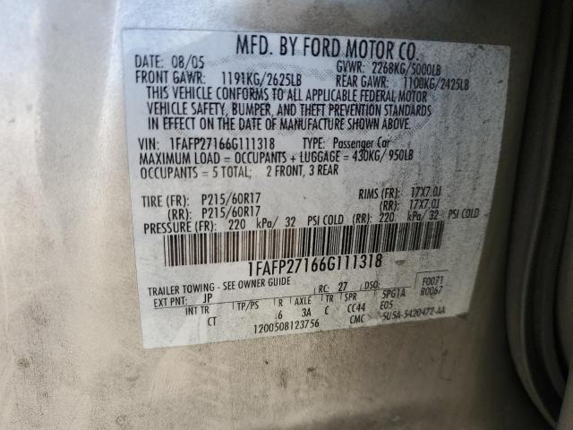 1FAFP27166G111318 - 2006 FORD FIVE HUNDR SEL SILVER photo 12