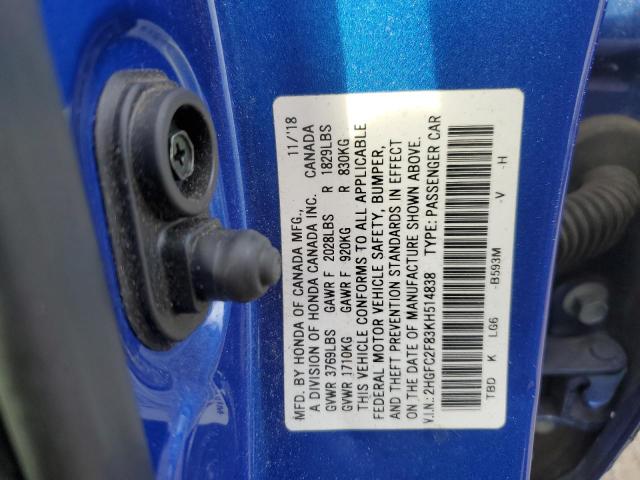 2HGFC2F83KH514838 - 2019 HONDA CIVIC SPORT 蓝色 照片 12