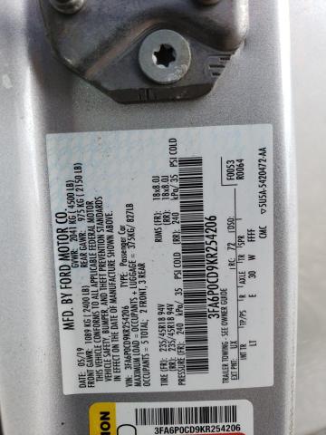 3FA6P0CD9KR254206 - 2019 FORD FUSION SEL SILVER photo 13