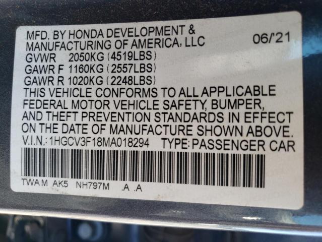 1HGCV3F18MA018294 - 2021 HONDA ACCORD HYBRID GRAY photo 12