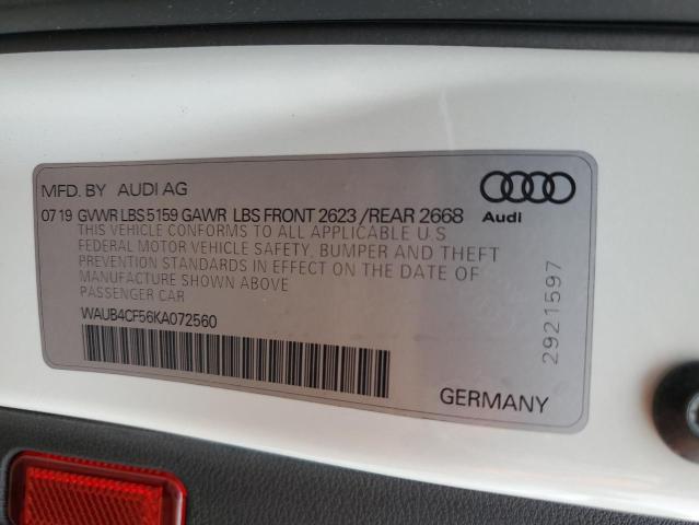 WAUB4CF56KA072560 - 2019 AUDI S5 PREMIUM PLUS თეთრი ფოტო 13
