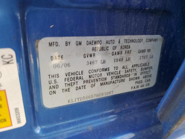 KL1TD56657B051087 - 2007 CHEVROLET AVEO BASE BLUE photo 12