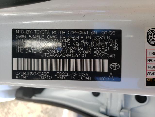 JTDAAAAA0NA006400 - 2022 TOYOTA MIRAI LE WHITE photo 12