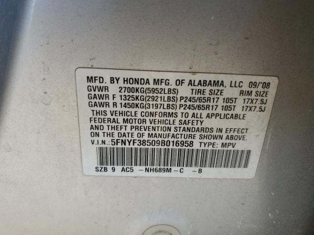 5FNYF38509B016958 - 2009 HONDA PILOT EXL SILVER photo 13