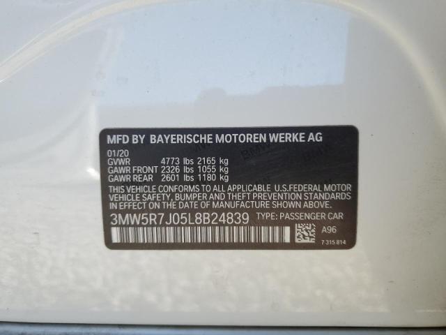 3MW5R7J05L8B24839 - 2020 BMW 330XI WHITE photo 12