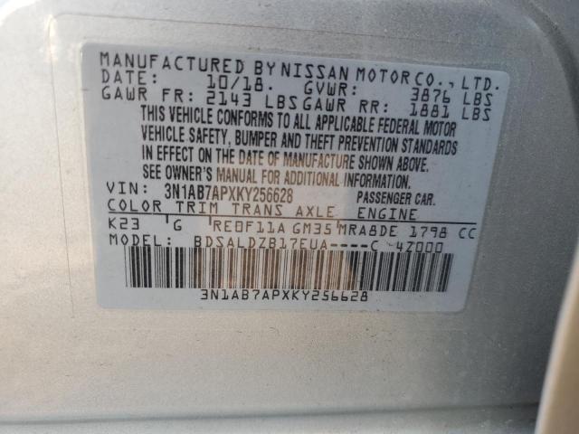 3N1AB7APXKY256628 - 2019 NISSAN SENTRA S SILVER photo 12