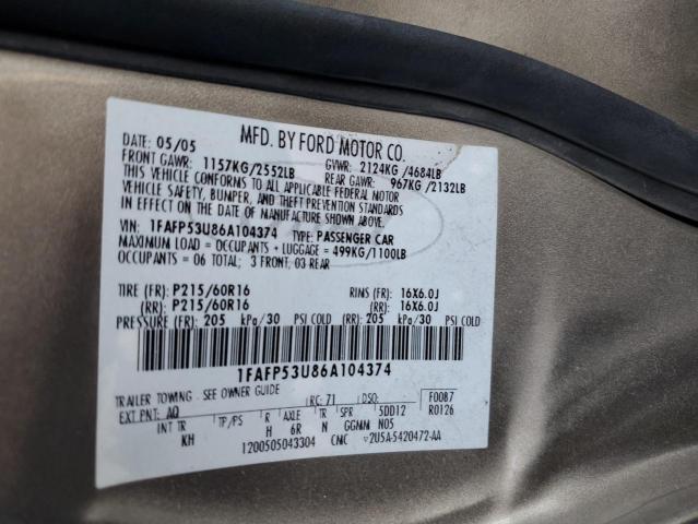 1FAFP53U86A104374 - 2006 FORD TAURUS SE CREAM photo 12