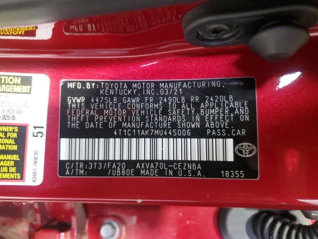 4T1C11AK7MU445006 - 2021 TOYOTA CAMRY LE RED photo 13