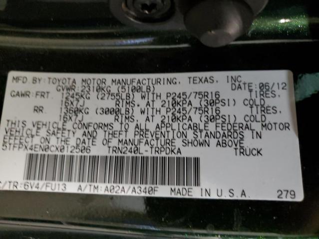 5TFPX4EN0CX012506 - 2012 TOYOTA TACOMA GREEN photo 12