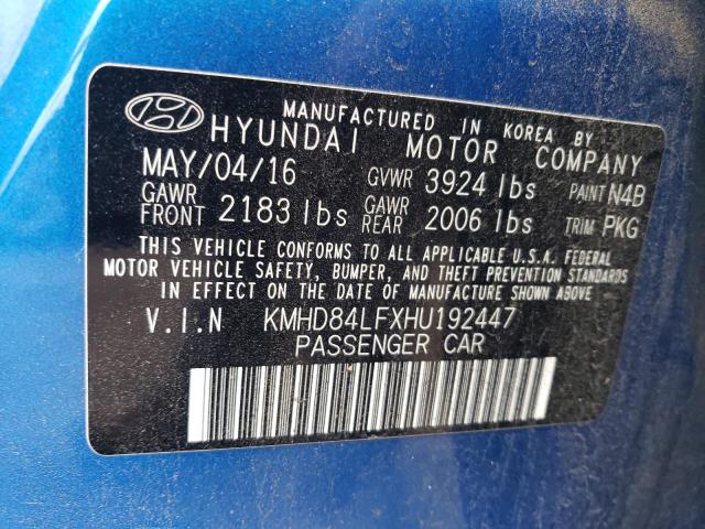 KMHD84LFXHU192447 - 2017 HYUNDAI ELANTRA SE BLUE photo 12