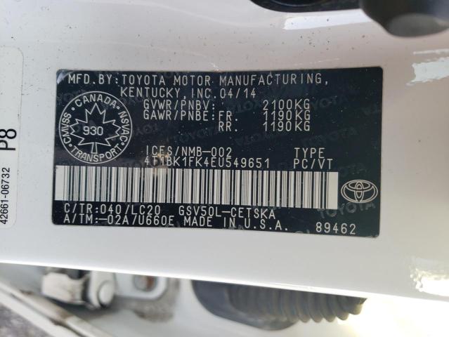 4T1BK1FK4EU549651 - 2014 TOYOTA CAMRY SE WHITE photo 12