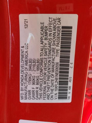 19XFL2H81NE006556 - 2022 HONDA CIVIC SPORT RED photo 12