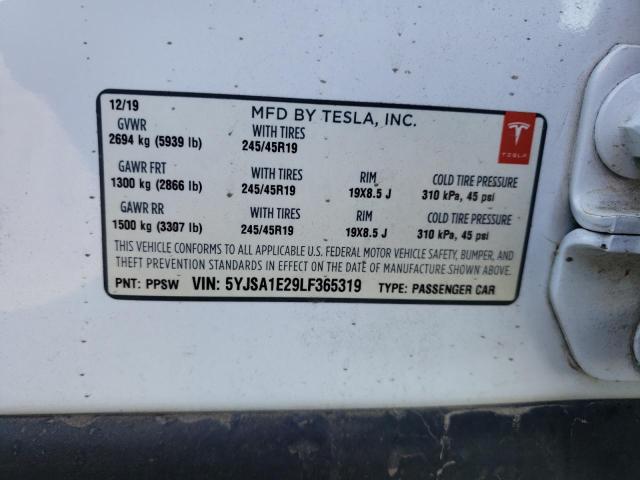 5YJSA1E29LF365319 - 2020 TESLA MODEL S თეთრი ფოტო 12