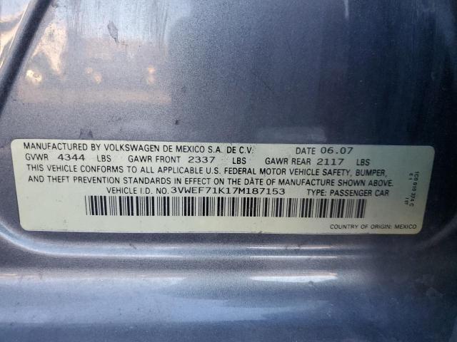 3VWEF71K17M187153 - 2007 VOLKSWAGEN JETTA WOLFSBURG 灰色 照片 12
