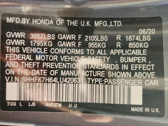 SHHFK7H64LU420631 - 2020 HONDA CIVIC EX GRAY photo 12