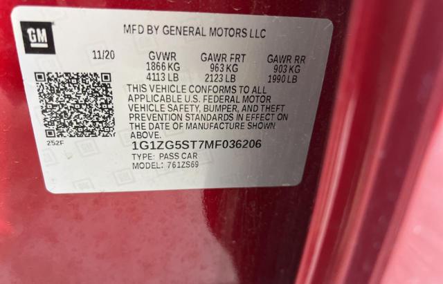 1G1ZG5ST7MF036206 - 2021 CHEVROLET MALIBU RS 勃艮第红 照片 10