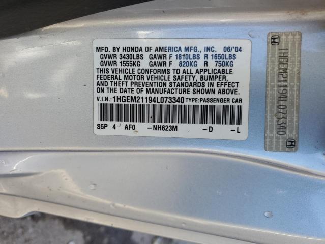 1HGEM21194L073340 - 2004 HONDA CIVIC DX VP SILVER photo 13