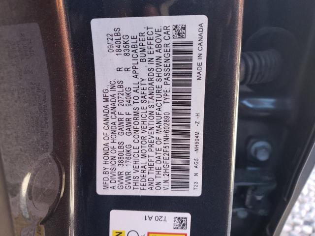 2HGFE2F51NH602890 - 2022 HONDA CIVIC SPORT CHARCOAL photo 12