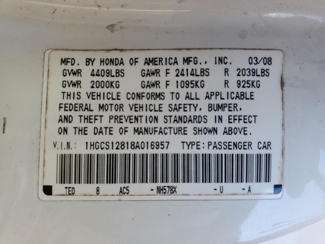 1HGCS12818A016957 - 2008 HONDA ACCORD EXL WHITE photo 12