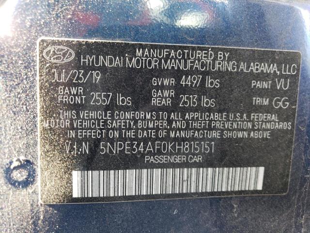 5NPE34AF0KH815151 - 2019 HYUNDAI SONATA LIMITED BLUE photo 12