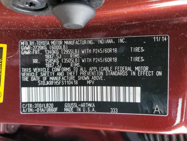 5TDJKRFH5FS110418 - 2015 TOYOTA HIGHLANDER XLE BURGUNDY photo 13