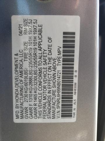 5FNRL6H99NB014721 - 2022 HONDA ODYSSEY ELITE Plata foto 13