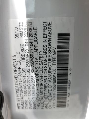 5FNYF7H58NB004736 - 2022 HONDA PASSPORT EXL WHITE photo 12