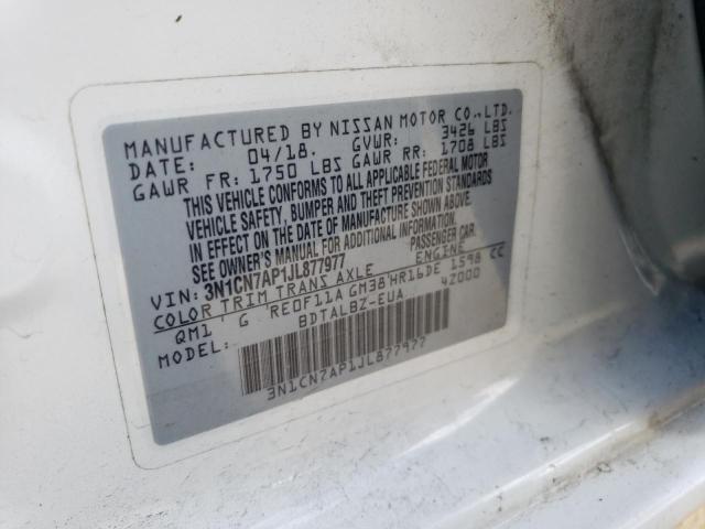 3N1CN7AP1JL877977 - 2018 NISSAN VERSA S WHITE photo 13