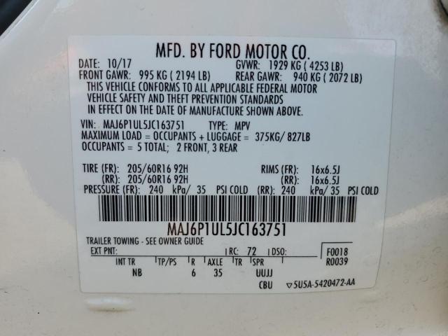 MAJ6P1UL5JC163751 - 2018 FORD ECOSPORT SE WHITE photo 13