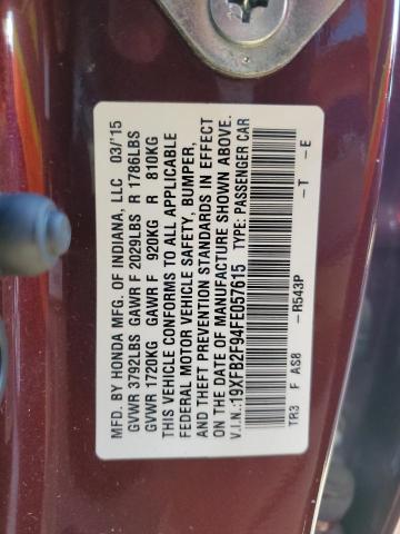 19XFB2F94FE057615 - 2015 HONDA CIVIC EXL ბურგუნდია ფოტო 12