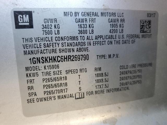 1GNSKHKC6HR269790 - 2017 CHEVROLET SUBURBAN K1500 LT SILVER photo 14