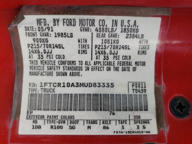 1FTCR10A3MUD83335 - 1991 FORD RANGER RED photo 12