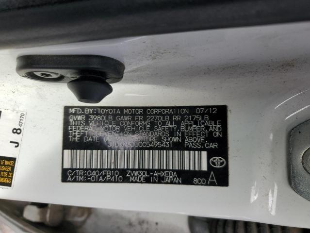 JTDKN3DU0C5495431 - 2012 TOYOTA PRIUS WHITE photo 12