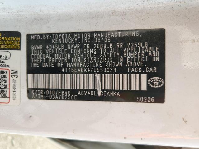 4T1BE46K47U553971 - 2007 TOYOTA CAMRY CE WHITE photo 12