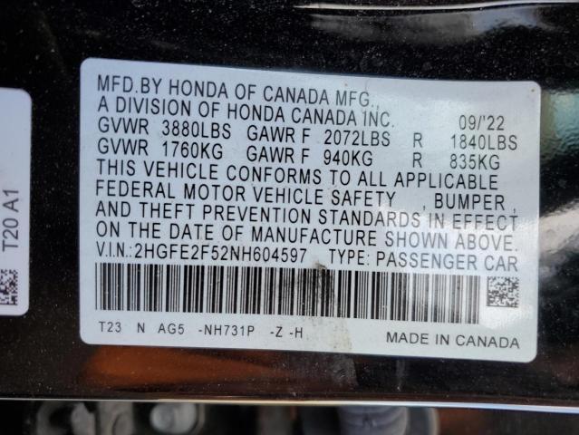 2HGFE2F52NH604597 - 2022 HONDA CIVIC SPORT 黑色 照片 13