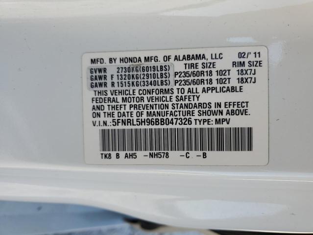 5FNRL5H96BB047326 - 2011 HONDA ODYSSEY TOURING WHITE photo 13