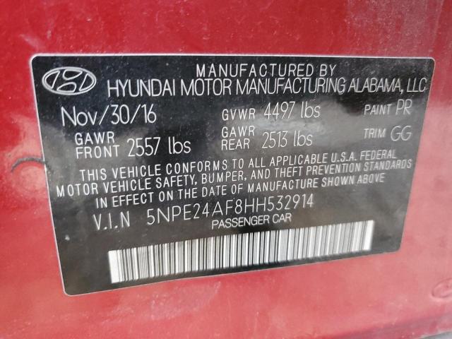 5NPE24AF8HH532914 - 2017 HYUNDAI SONATA SE RED photo 12