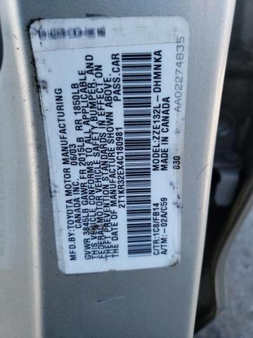 2T1KR32EX4C180981 - 2004 TOYOTA COROLLA MA XR SILVER photo 13