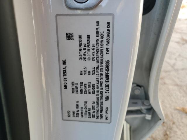 5YJ3E1EA9PF459805 - 2023 TESLA MODEL 3 WHITE photo 12