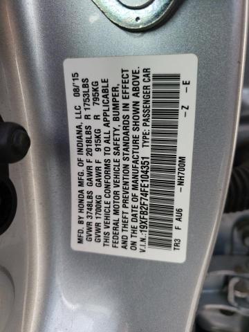 19XFB2F74FE104351 - 2015 HONDA CIVIC SE SILVER photo 12