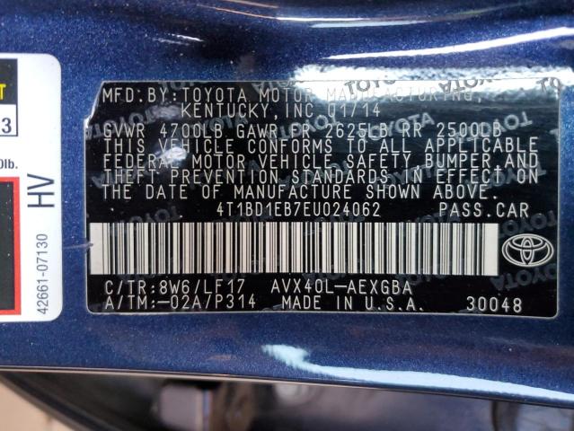 4T1BD1EB7EU024062 - 2014 TOYOTA AVALON HYBRID BLUE photo 12