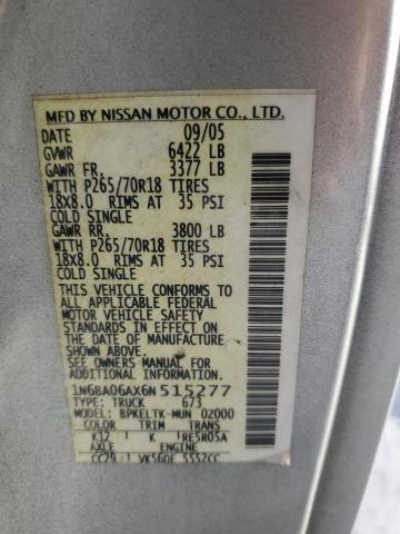 1N6BA06AX6N515277 - 2006 NISSAN TITAN XE SILVER photo 12