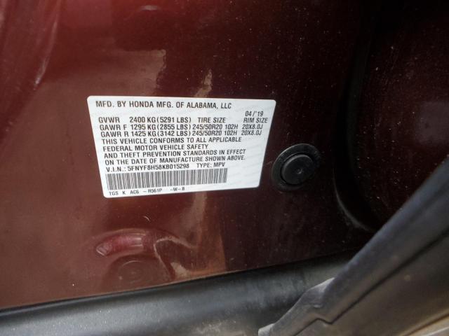 5FNYF8H58KB015298 - 2019 HONDA PASSPORT EXL MAROON photo 13