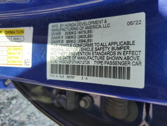 1HGCV2F37NA012726 - 2022 HONDA ACCORD SPORT BLUE photo 12