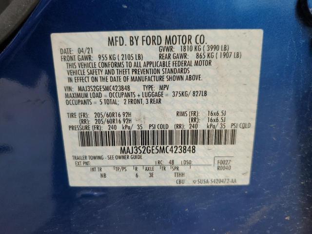 MAJ3S2GE5MC423848 - 2021 FORD ECOSPORT SE BLUE photo 12