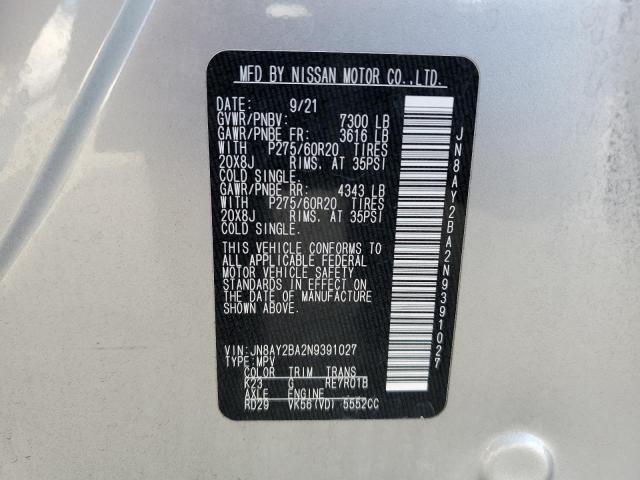 JN8AY2BA2N9391027 - 2022 NISSAN ARMADA SL SILVER photo 13