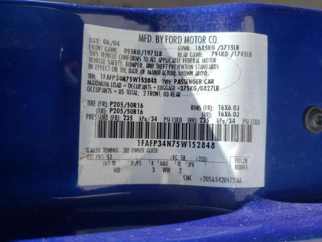 1FAFP34N75W152848 - 2005 FORD FOCUS ZX4 BLUE photo 12